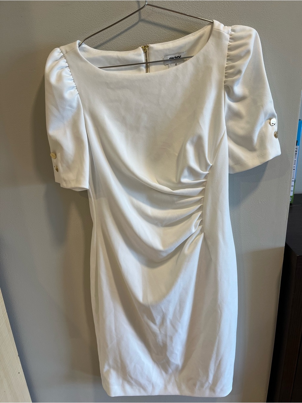 DKNY White Women’s Sheath Dress with Puff Sleeves